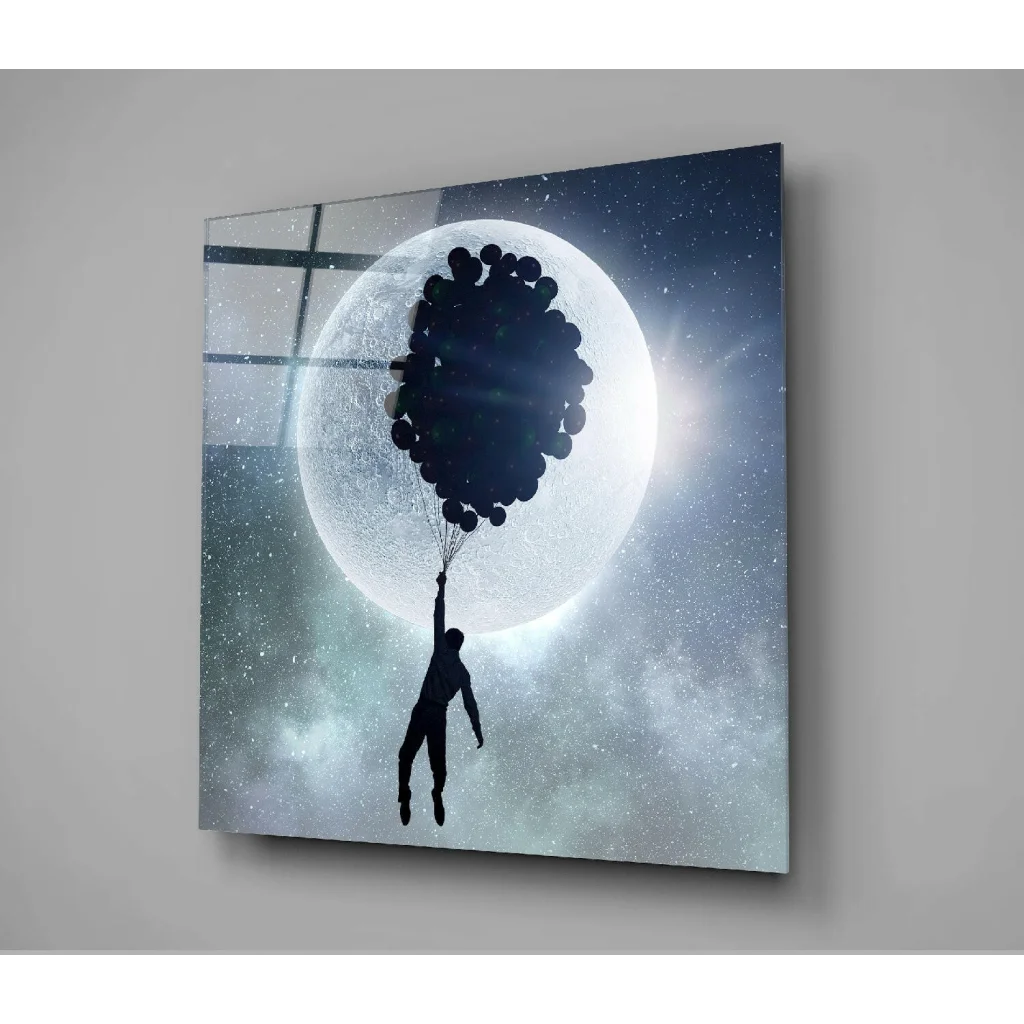 Moonlit Balloon Dreams glass wall art canvas print