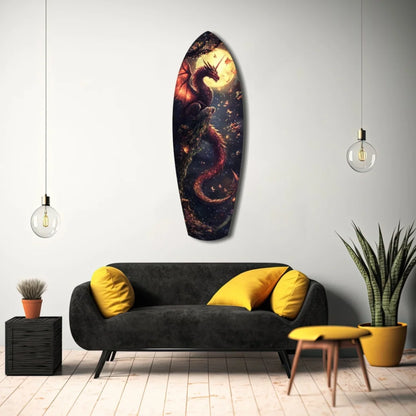 Red dragon tempered glass art with starry glow on vertical surfboard