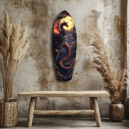 Stunning tempered glass art of red dragon coiled around glowing moon