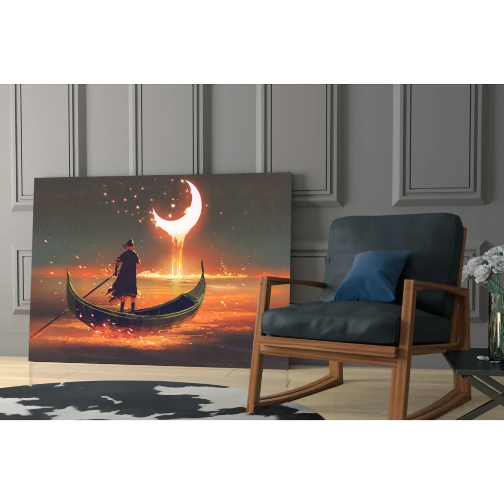 Lone gondola figure under crescent moon in fiery sky wall art print