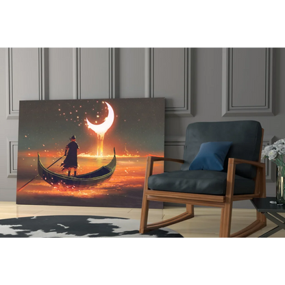 Lone gondola figure under crescent moon in fiery sky wall art print