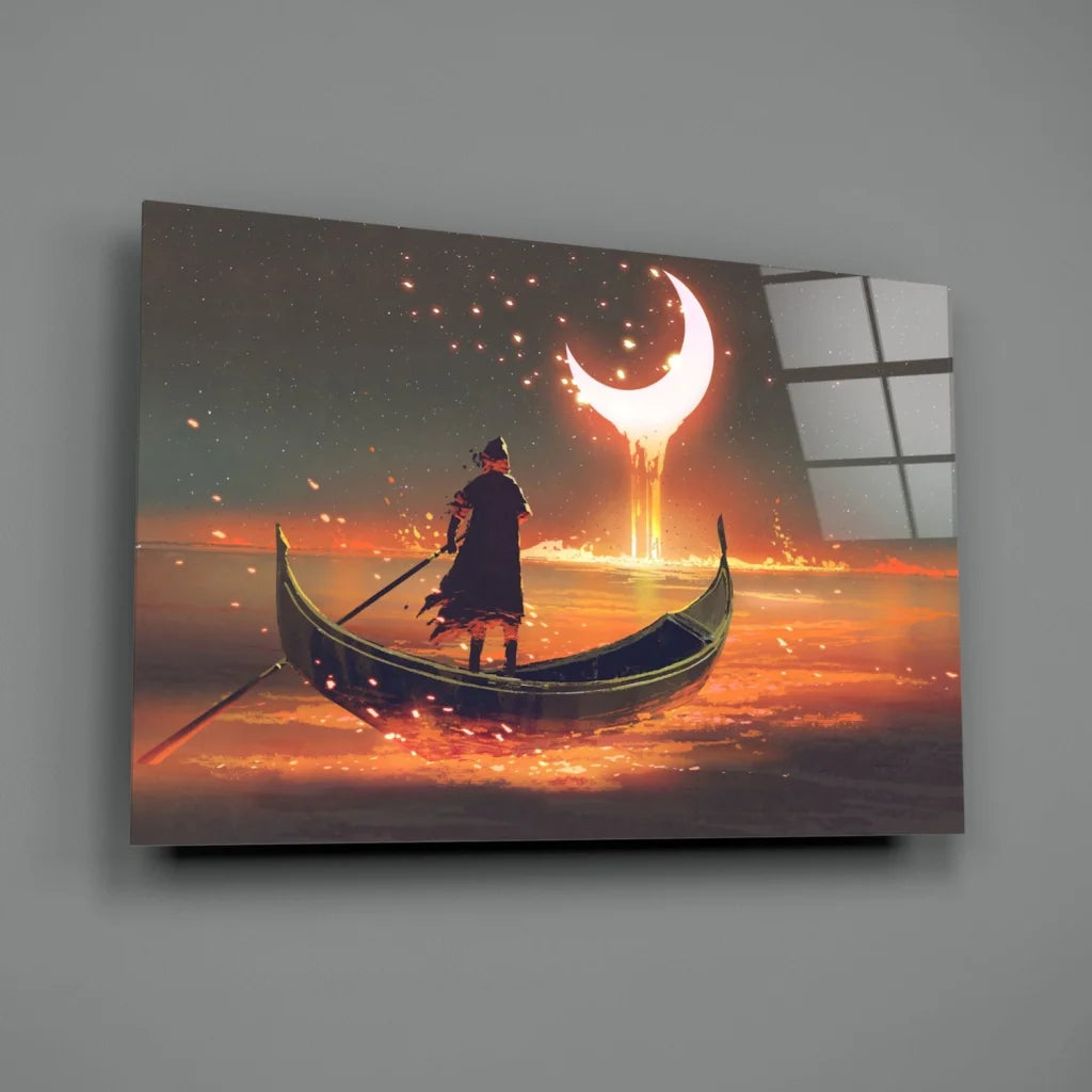 Lone figure paddles gondola in fiery waters toward glowing moon in wall art print