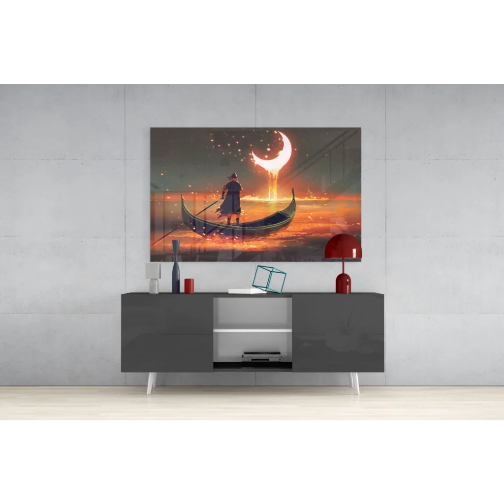 Lone gondola figure under crescent moon in orange purple sky wall art