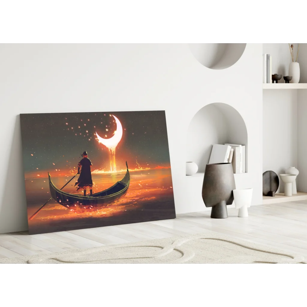 Lone cloaked figure on gondola under moonlit fiery sky wall art