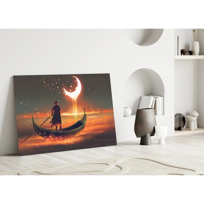 Lone cloaked figure on gondola under moonlit fiery sky wall art