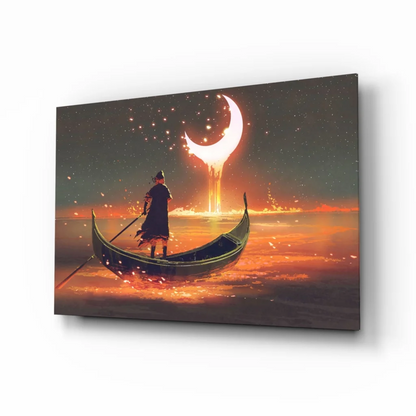 Lone cloaked figure in gondola on fiery water under moonlit starry sky wall art