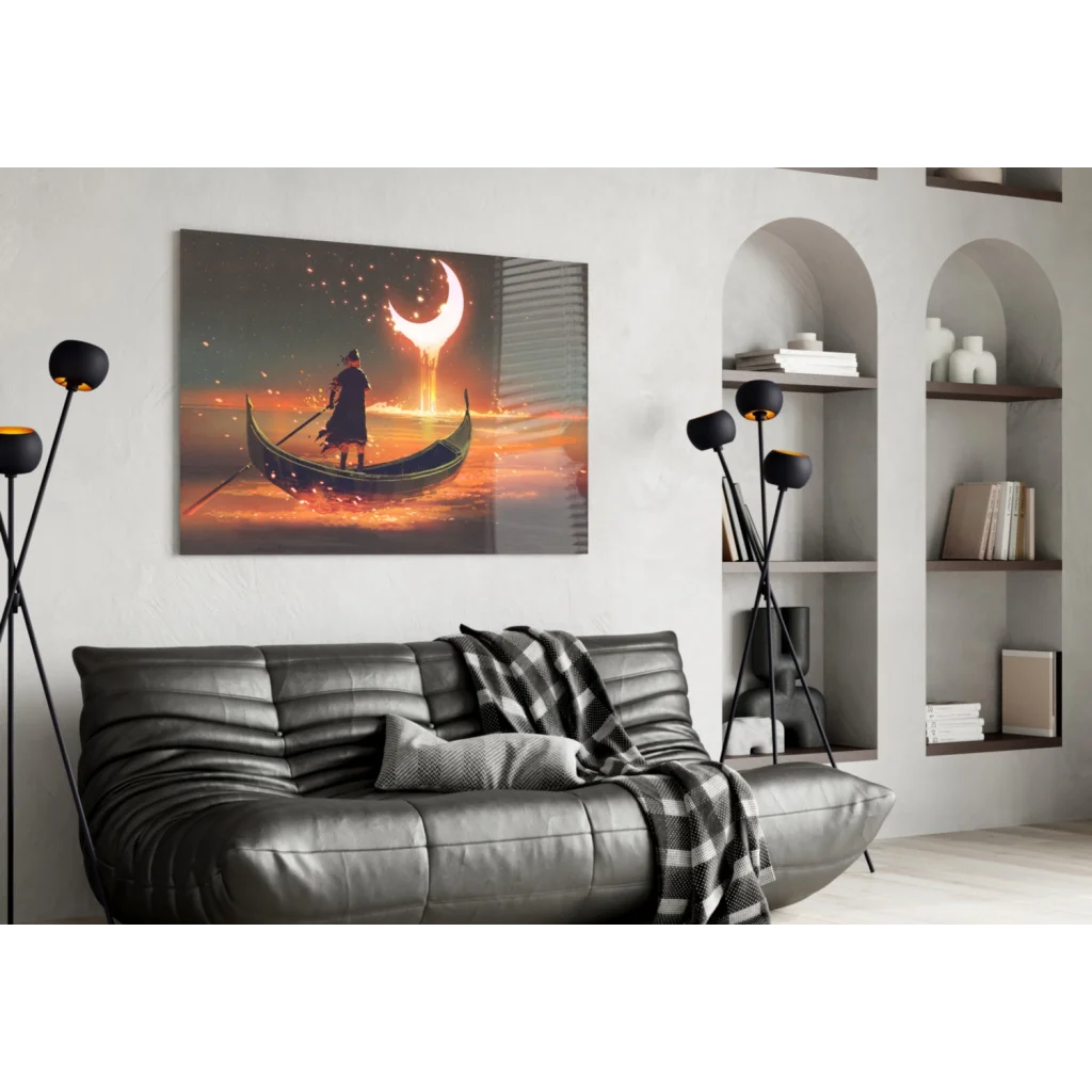 Moonlit Gondola Journey canvas wall art with black leather sofa