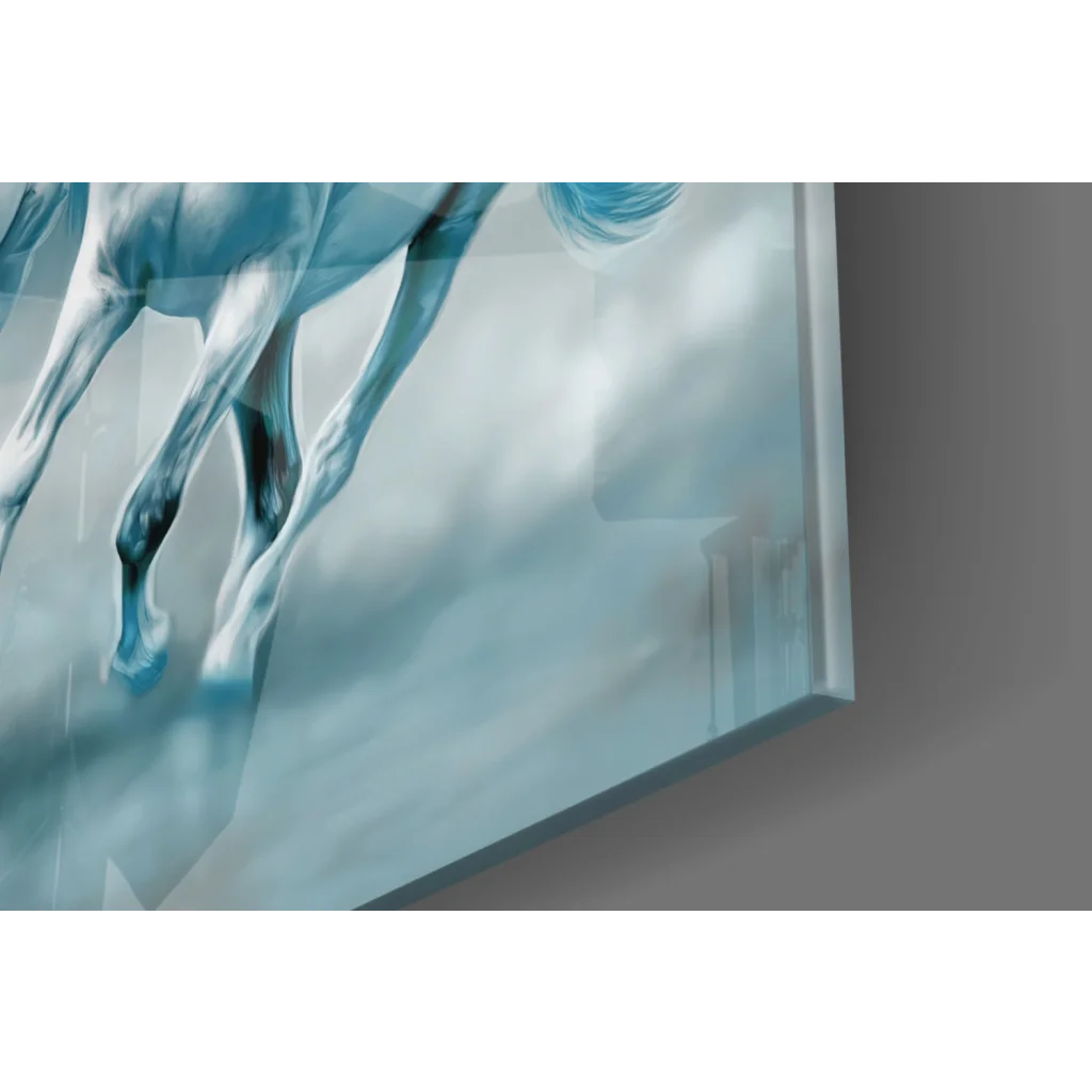 Blue horse glass wall art with curved edges, Moonlit Horses design