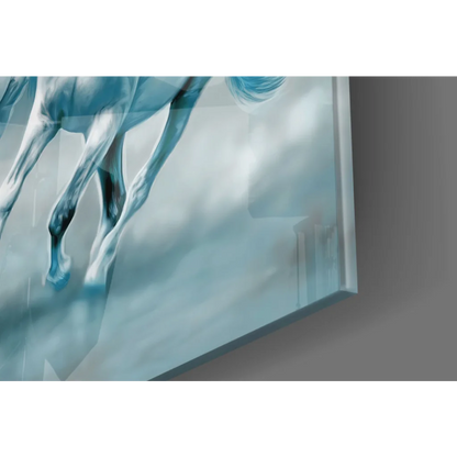 Blue horse glass wall art with curved edges, Moonlit Horses design