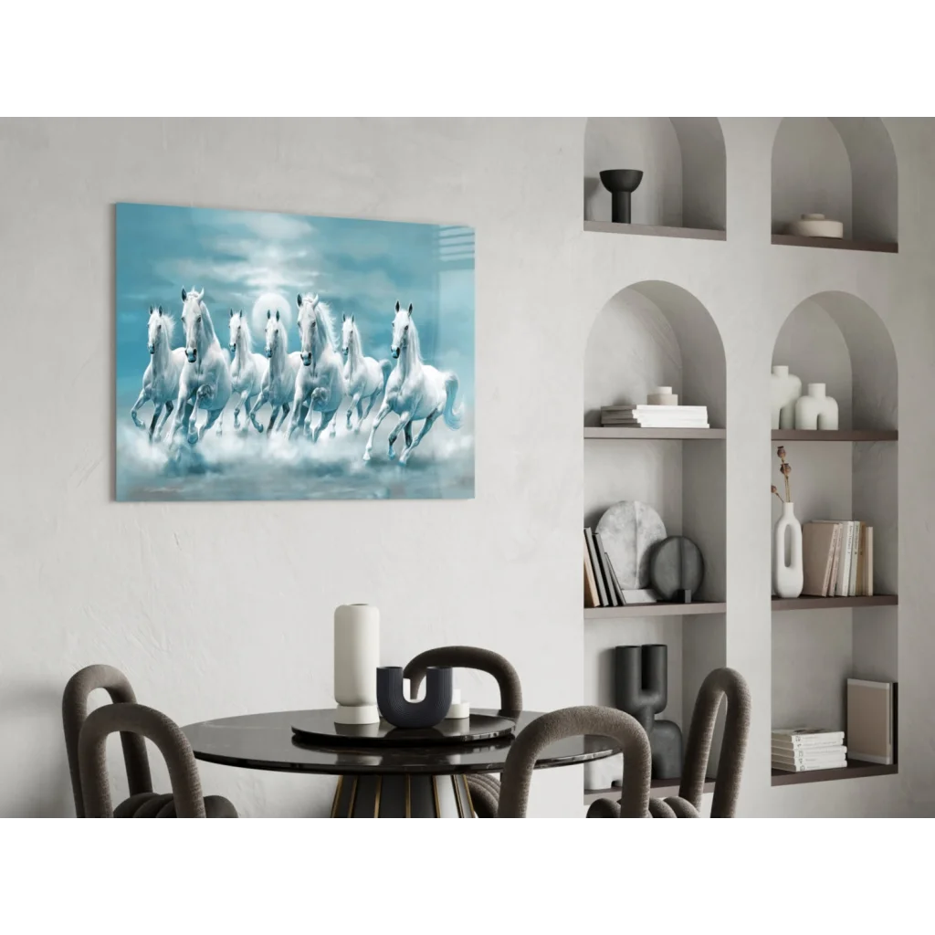 Moonlit blue and white horses racing in modern glass wall art