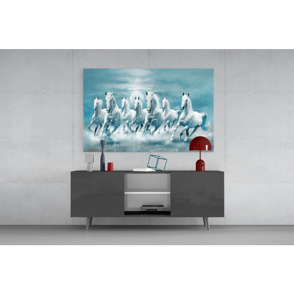 Moonlit horses racing in glass wall art on modern gray sideboard