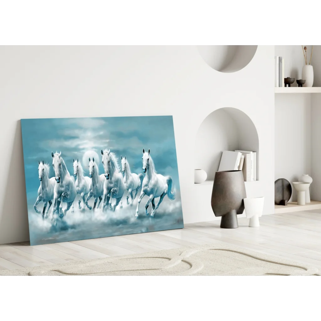Moonlit white horses racing wall art canvas print, abstract style