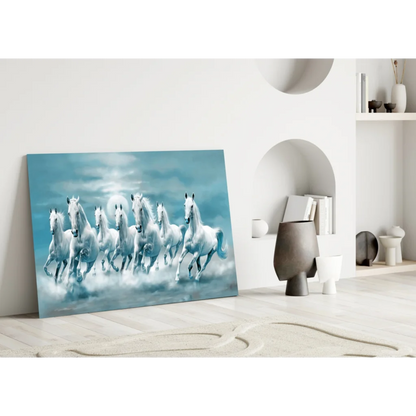 Moonlit white horses racing wall art canvas print, abstract style