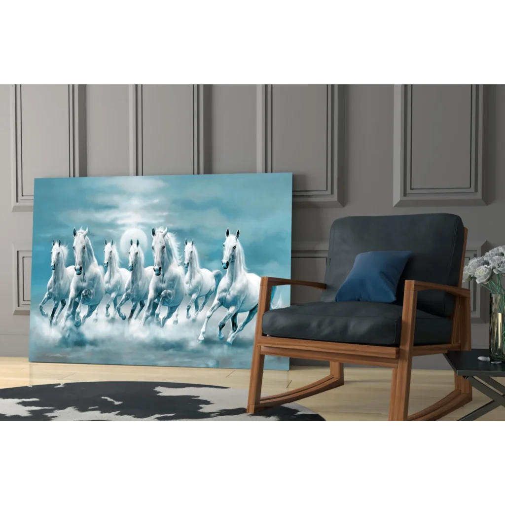 Moonlit white horses racing wall art canvas print for modern decor