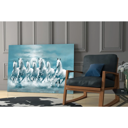 Moonlit white horses racing wall art canvas print for modern decor