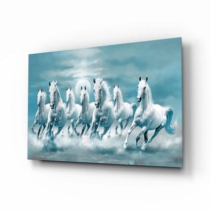 Moonlit white horse racing canvas wall art print with starry sky
