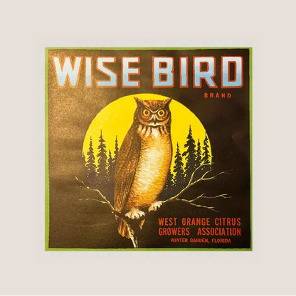 Vintage owl citrus crate label with wise bird owl from West Orange Citrus growers association