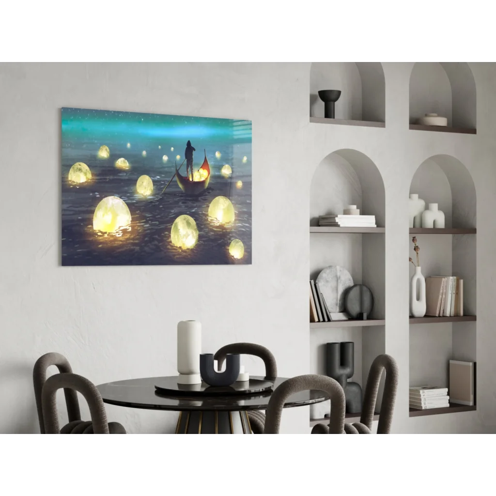 Whimsical boat with glowing lanterns on moonlit sea canvas wall art
