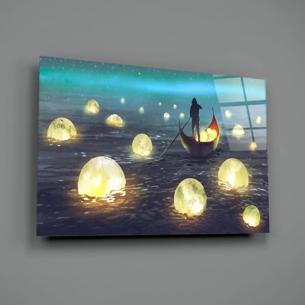 Golden moonlight lanterns on water in moonlit sea wall art