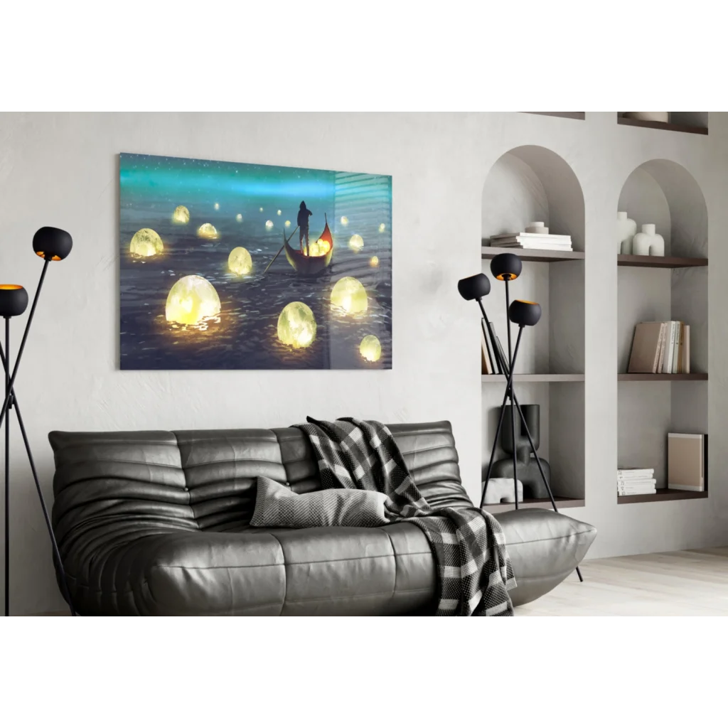 Moonlit Sea glass wall art with glowing orbs and boat