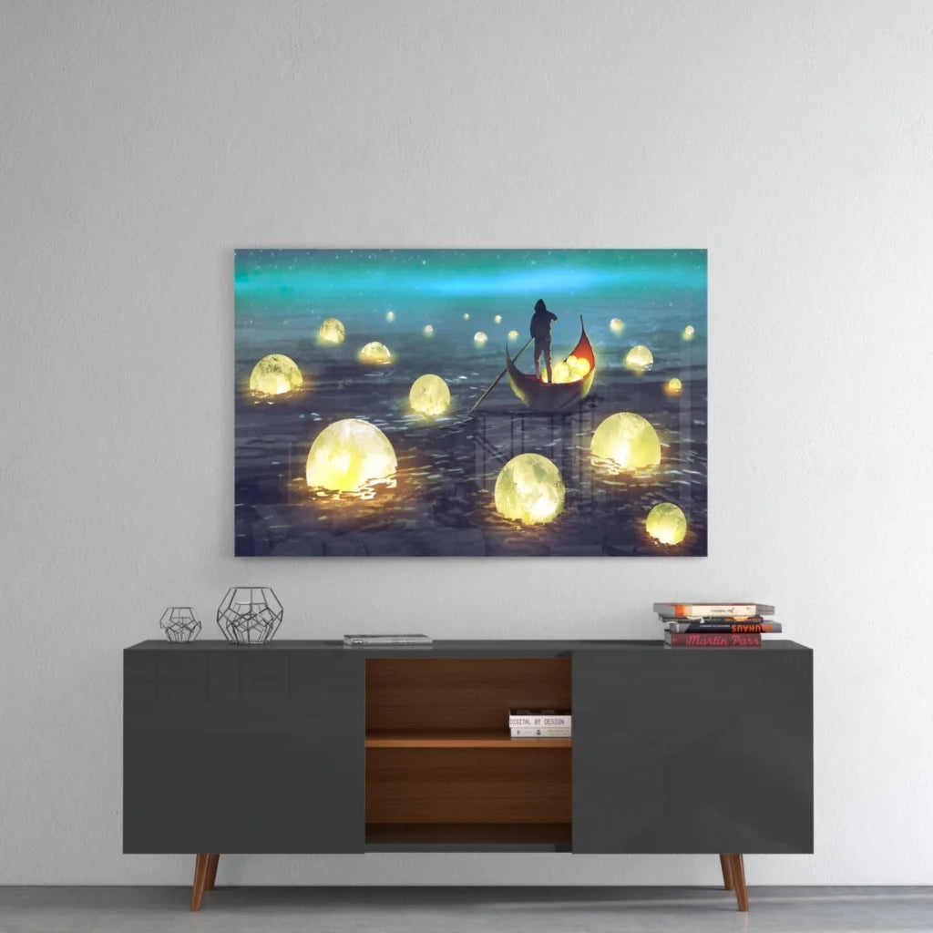 Moonlit Sea glass wall art with glowing orbs, boat, and modern black sideboard