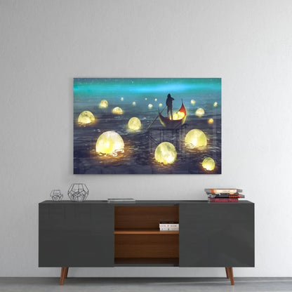Moonlit Sea glass wall art with glowing orbs, boat, and modern black sideboard