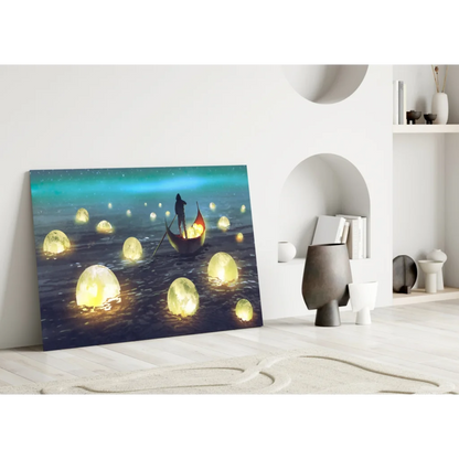 Moonlit sea canvas wall art with glowing orbs and boat