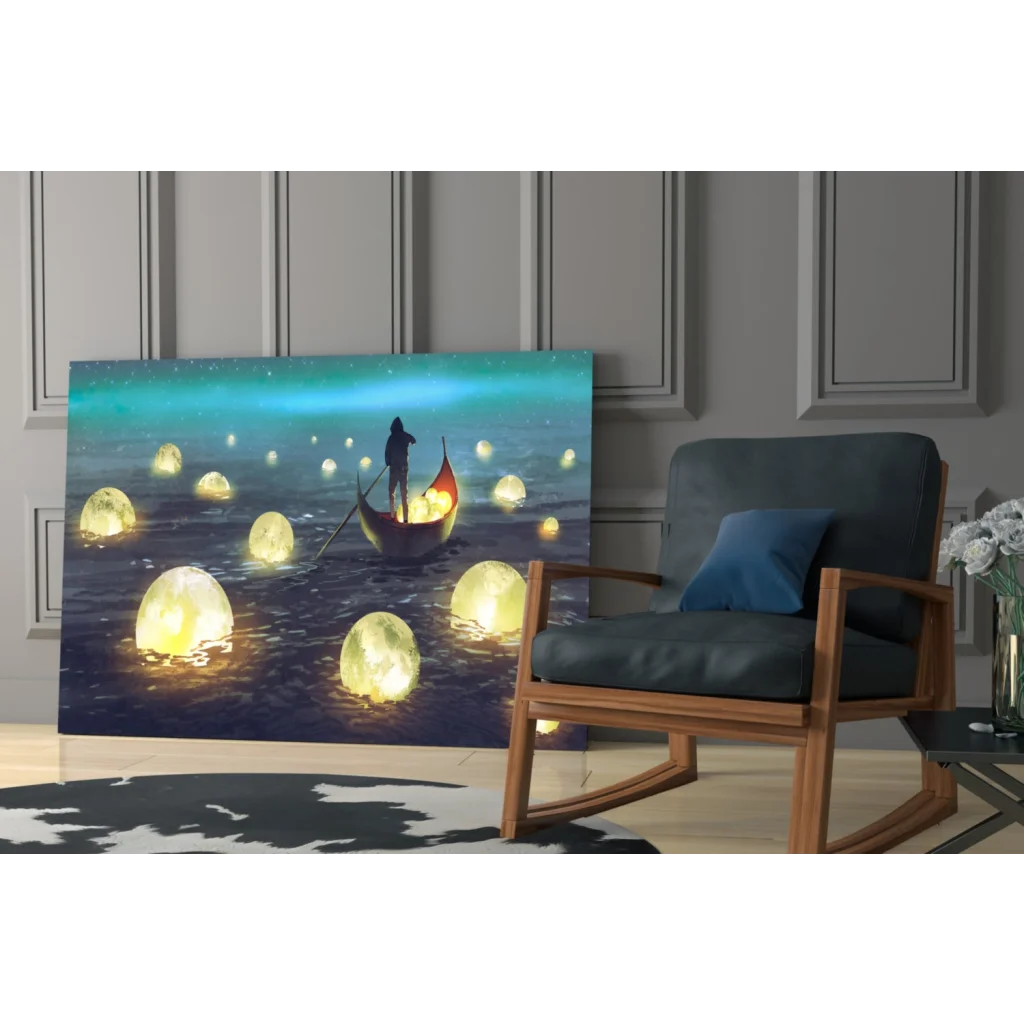 Moonlit sea canvas wall art with glowing orbs and boat
