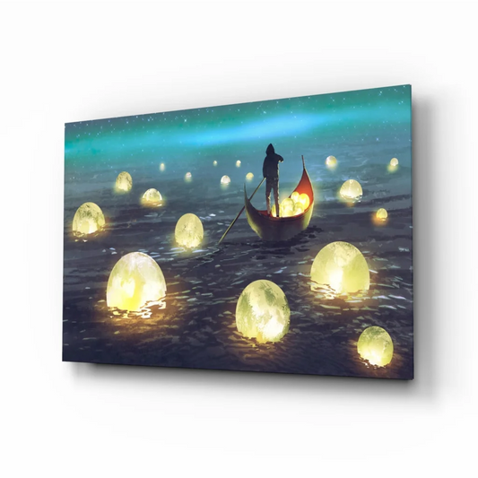 Red and yellow boat with glowing moon orbs on water, moonlit sea glass wall art