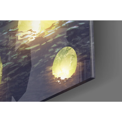 Yellow moon wall art in Moonlit Sea Canvas with glowing orbs and boat