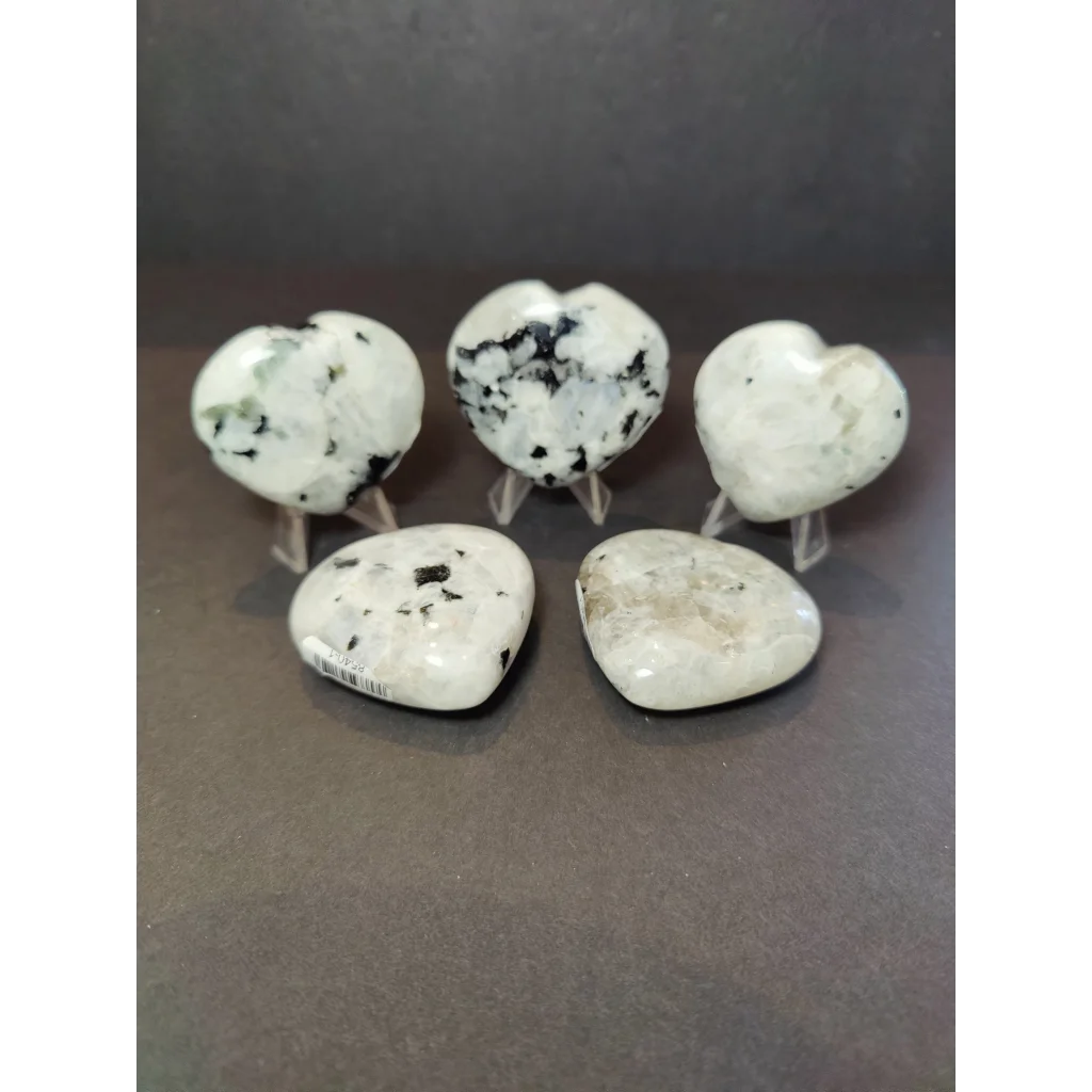 Five moonstone polished heart-shaped stones with black and green speckles displayed on clear acrylic stands