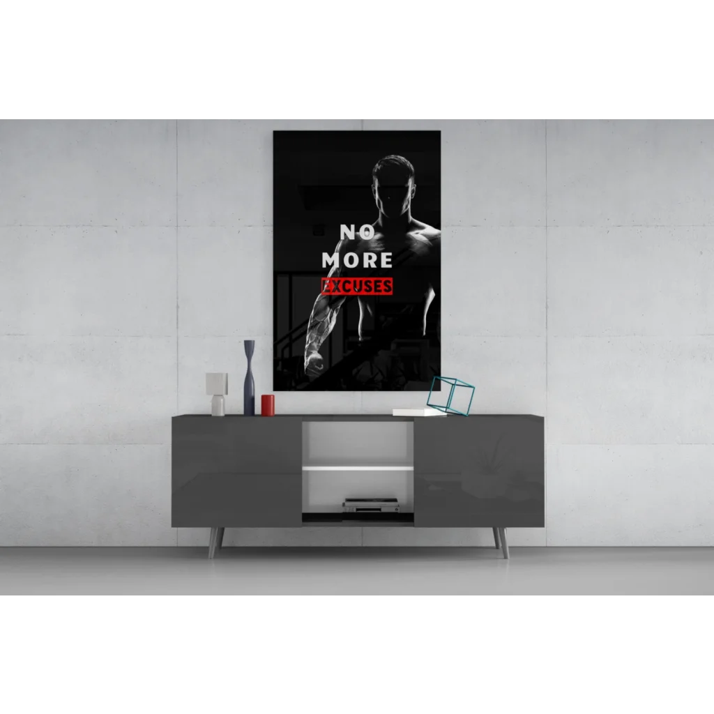 Black and red No More Excuses glass wall art poster with muscular figure