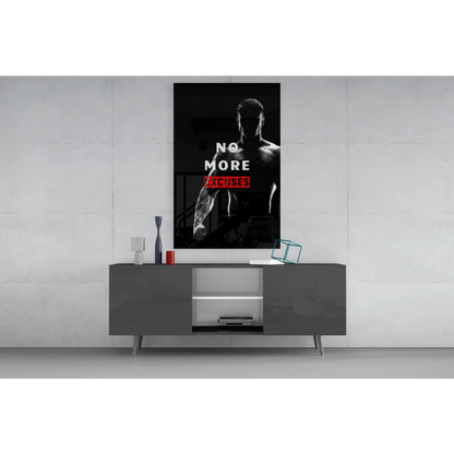 Black and red No More Excuses glass wall art poster with muscular figure