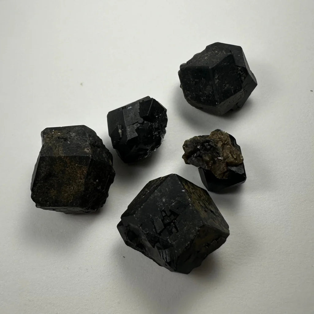 Black tourmaline thumbnail specimens in acrylic box