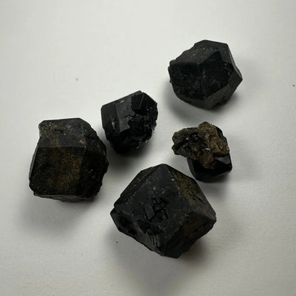 Black tourmaline thumbnail specimens in acrylic box