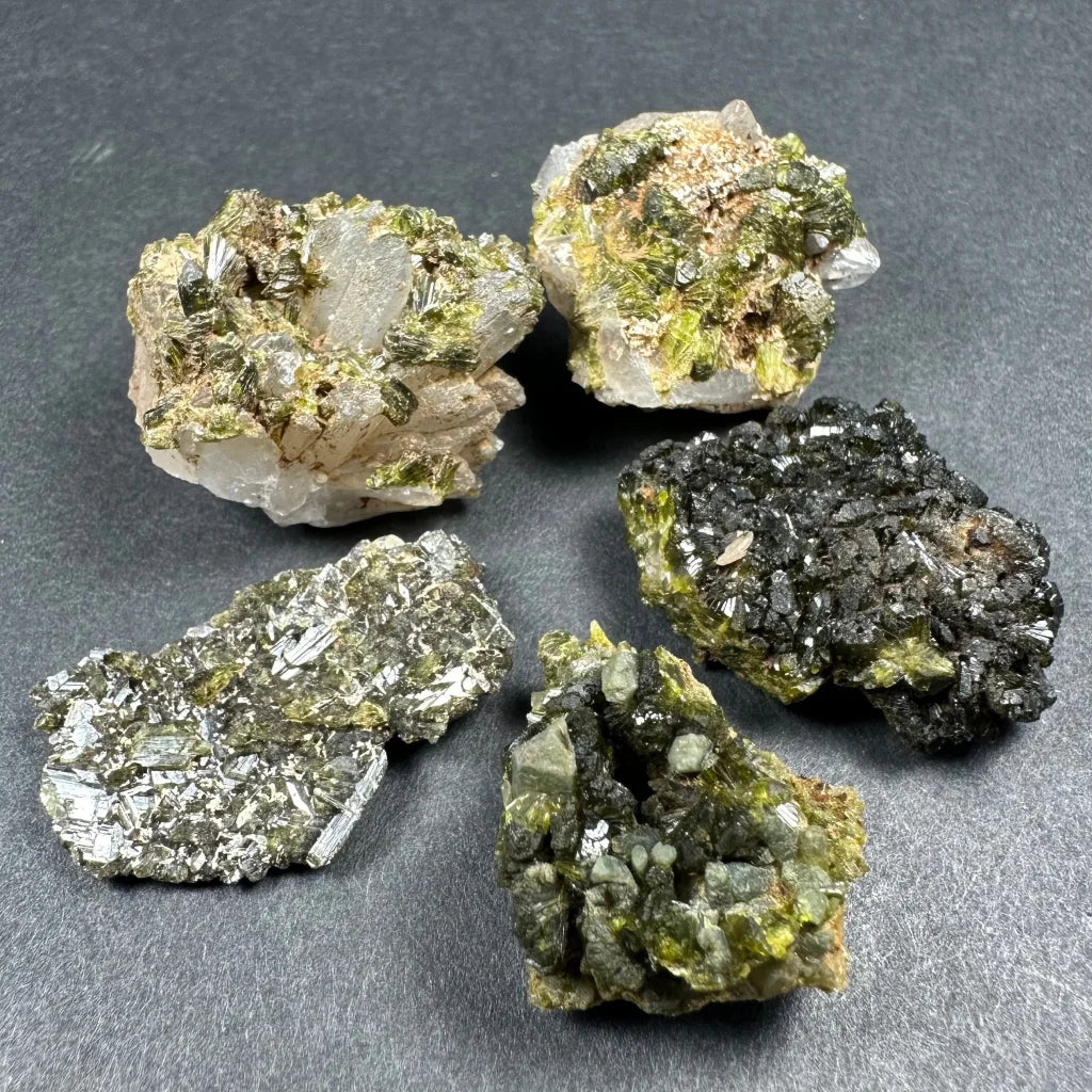 Moroccan thumbnail specimens: quartz, pyrite, sulfides in acrylic box