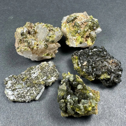 Moroccan thumbnail specimens: quartz, pyrite, sulfides in acrylic box