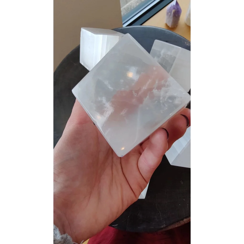 Translucent milky-white Moroccan selenite crystal cube, 470g natural decor
