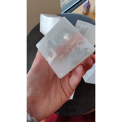Translucent milky-white Moroccan selenite crystal cube, 470g natural decor