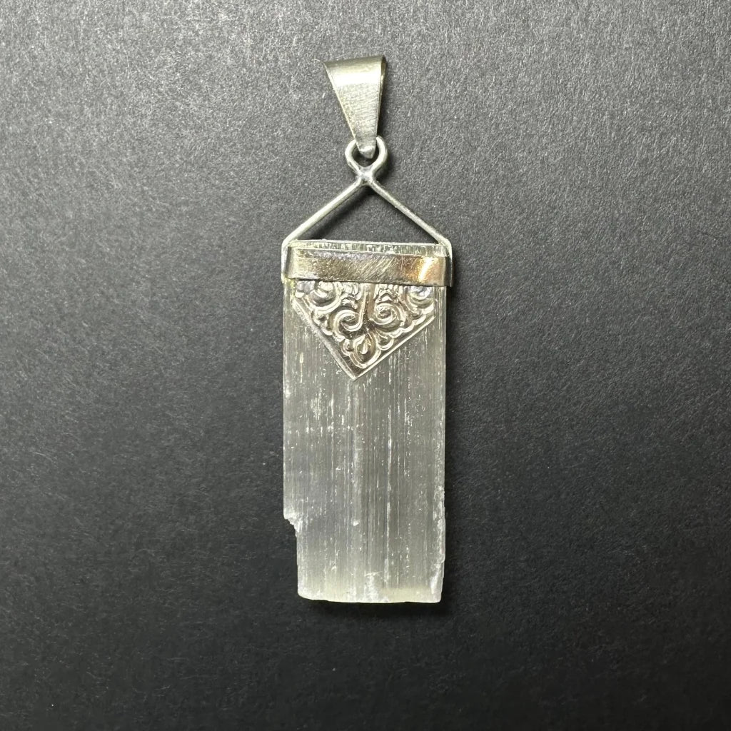 Moroccan selenite pendant with sterling silver clasp