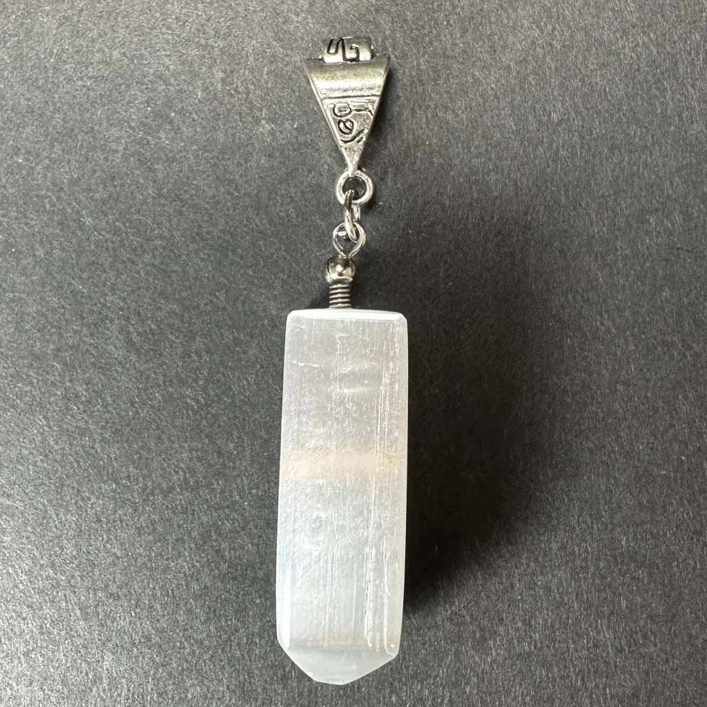 Translucent rectangular selenite pendant with sterling silver clasp
