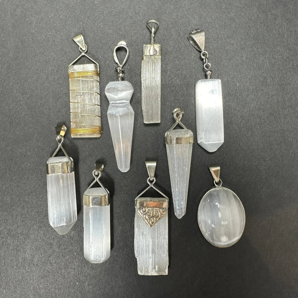 Clear Moroccan selenite crystal pendants with sterling silver clasps