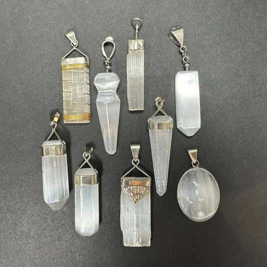 Clear Moroccan selenite crystal pendants with sterling silver clasps