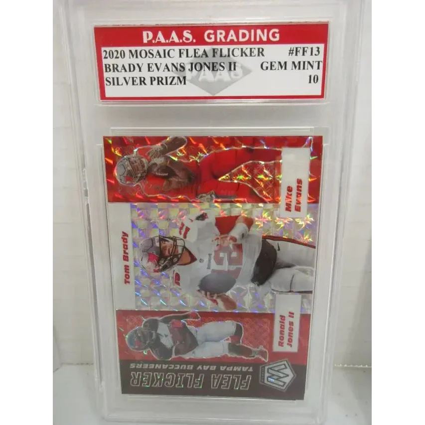 Mosaic Flea Flicker Silver Prizm football card with Tom Brady, Mike Evans, Ronald Jones II