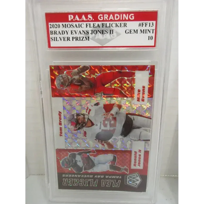 Mosaic Flea Flicker Silver Prizm football card with Tom Brady, Mike Evans, Ronald Jones II