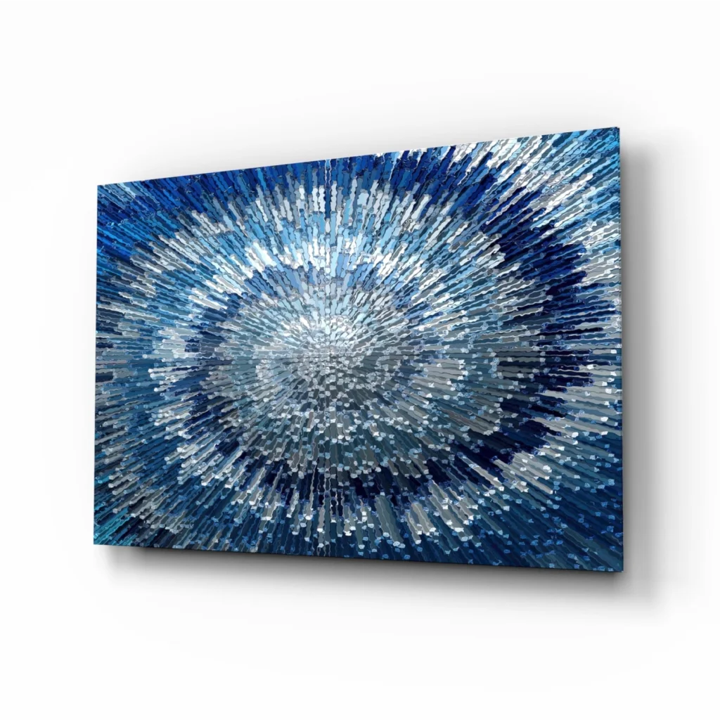 Stunning blue radial burst glass wall art with shimmering texture