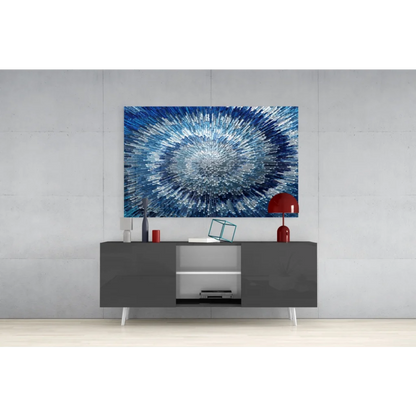 Stunning blue radial burst glass wall art with shimmering texture