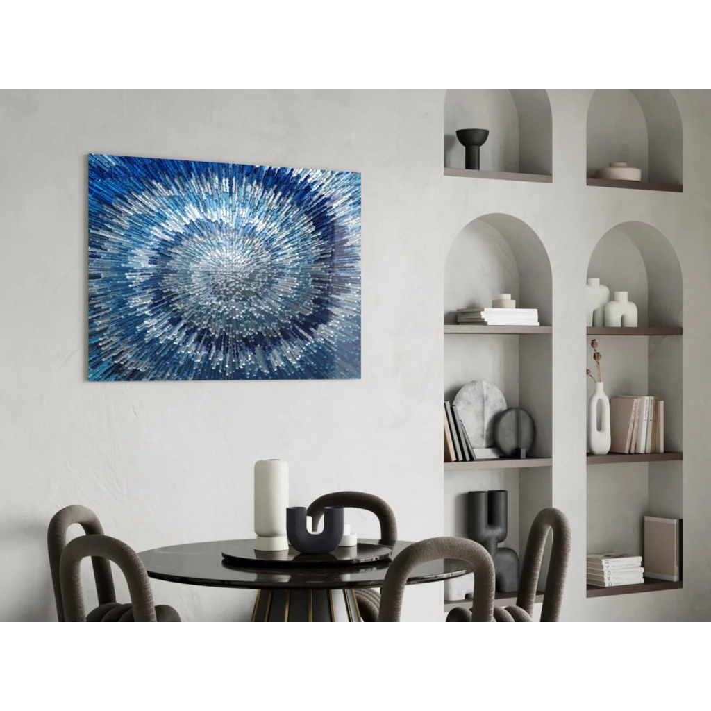 Vibrant blue radial burst glass wall art with shimmering texture