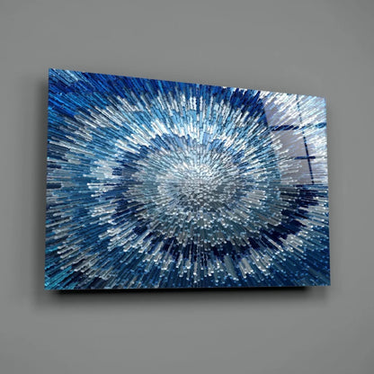Stunning blue radial burst glass wall art with shimmering texture