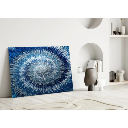 Vibrant blue radial burst glass wall art with shimmering textured strokes